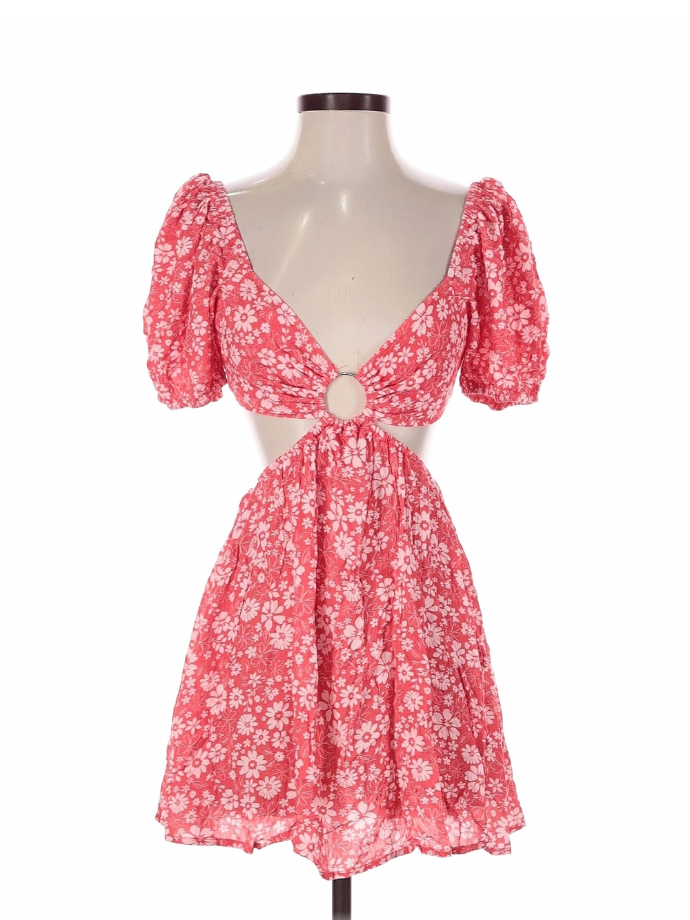 Floral Ring-Cut Pink Puff-Sleeve Mini Dress